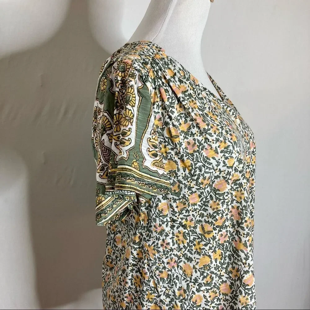 NWT Lucky Brand Tie Front Ditsy Floral Top Small Yellow Green Cottagecore Spring